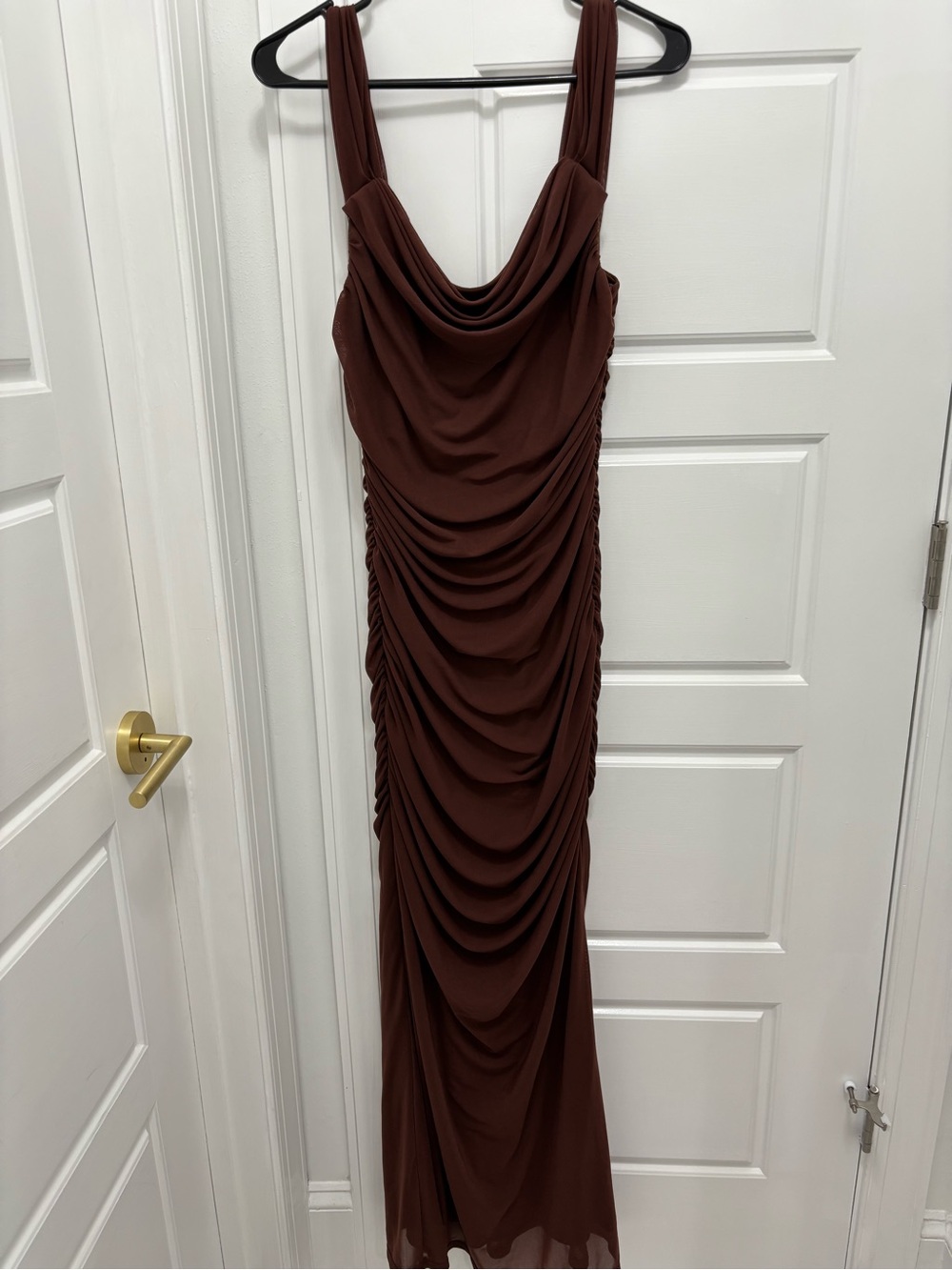 Brown Ruched Cowl Neck Evening Dress